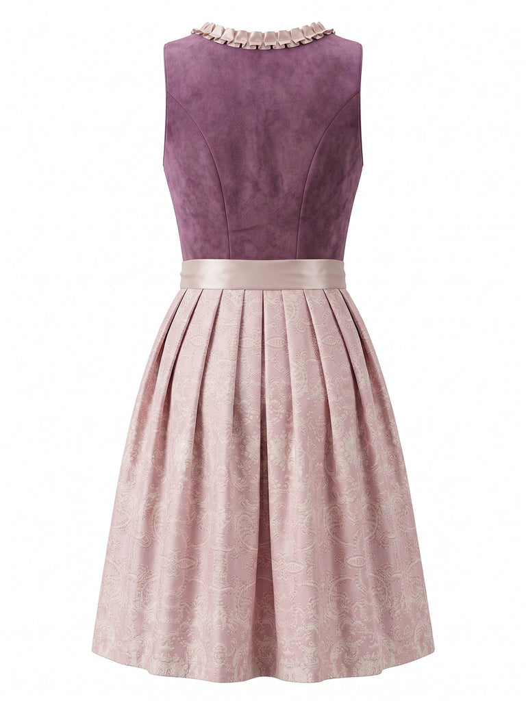 Robe Florale Rose Foncé Col Carré avec Tablier Pailleté Années 1950 2