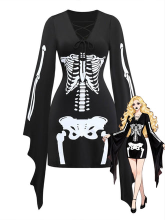 Robe Gothique Squelette à Lacets et Manches Évasées Noir Années 1970