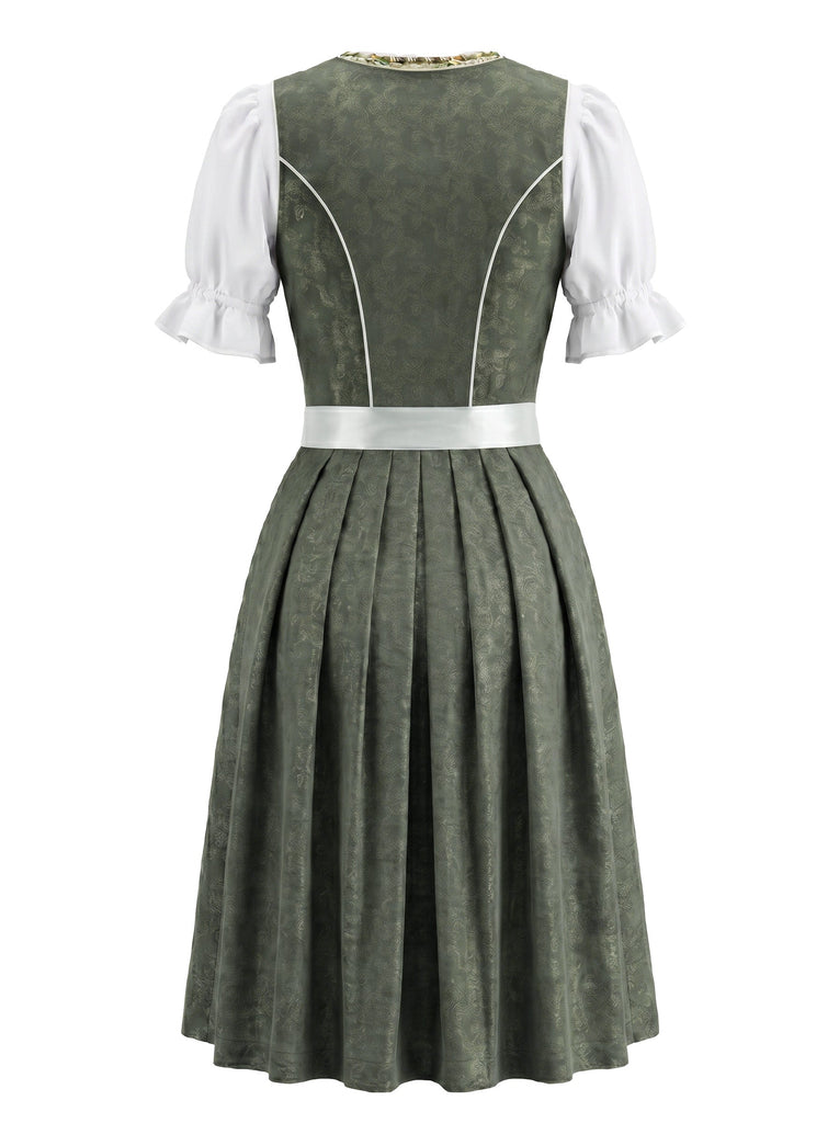 3PCS Robe Jacquard Verte Col Carré & Tablier & Haut Bouffant Années 1950 2