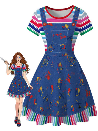 Robe Graphique en Denim à Rayures Arc-en-Ciel Bleu Années 1940