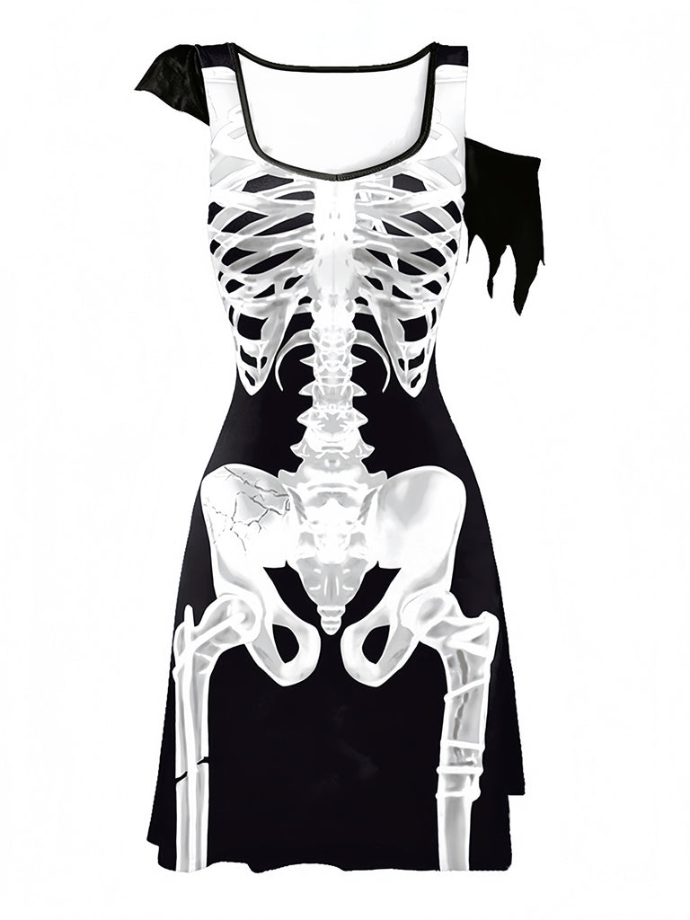 Robe d’Halloween à imprimé squelette et coupe évasée années 1940