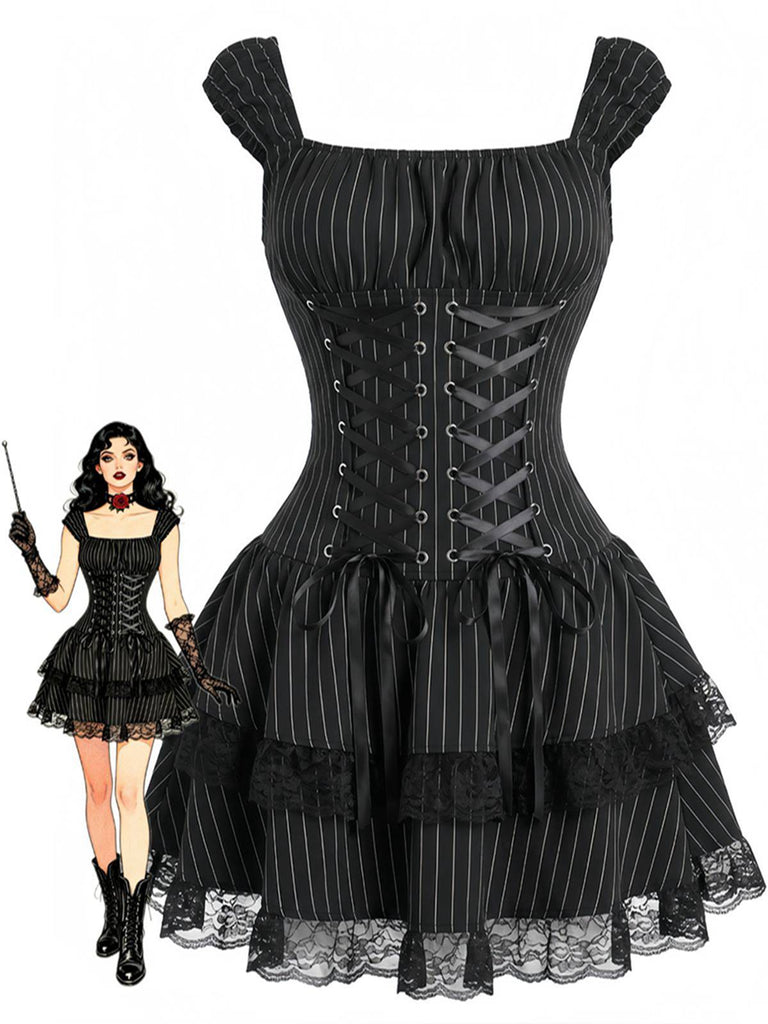 Robe en Dentelle Corset Lacé Rayures Noir Années 1970