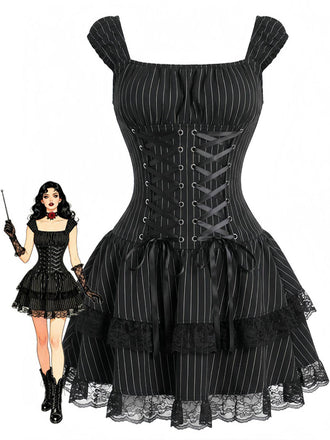 Robe en Dentelle Corset Lacé Rayures Noir Années 1970