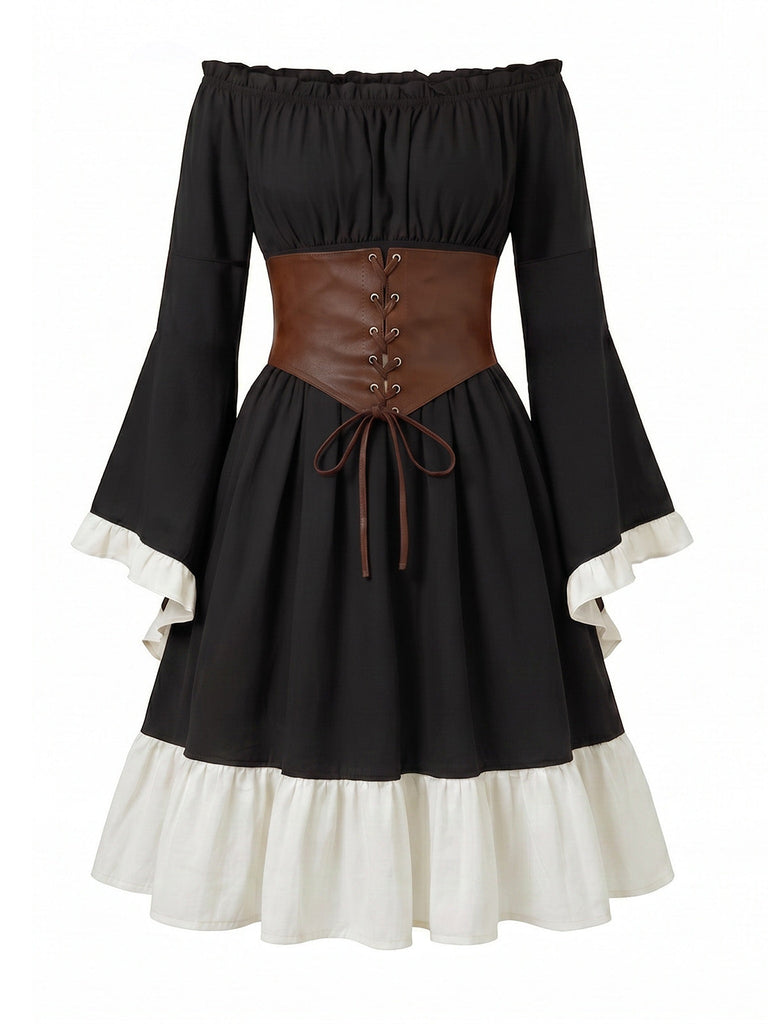 Robe Épaules Dénudées Manches Cloche avec Lacé Corset Belt Années 1970
