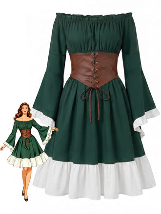 Robe Épaules Dénudées Manches Cloche avec Lacé Corset Belt Années 1970