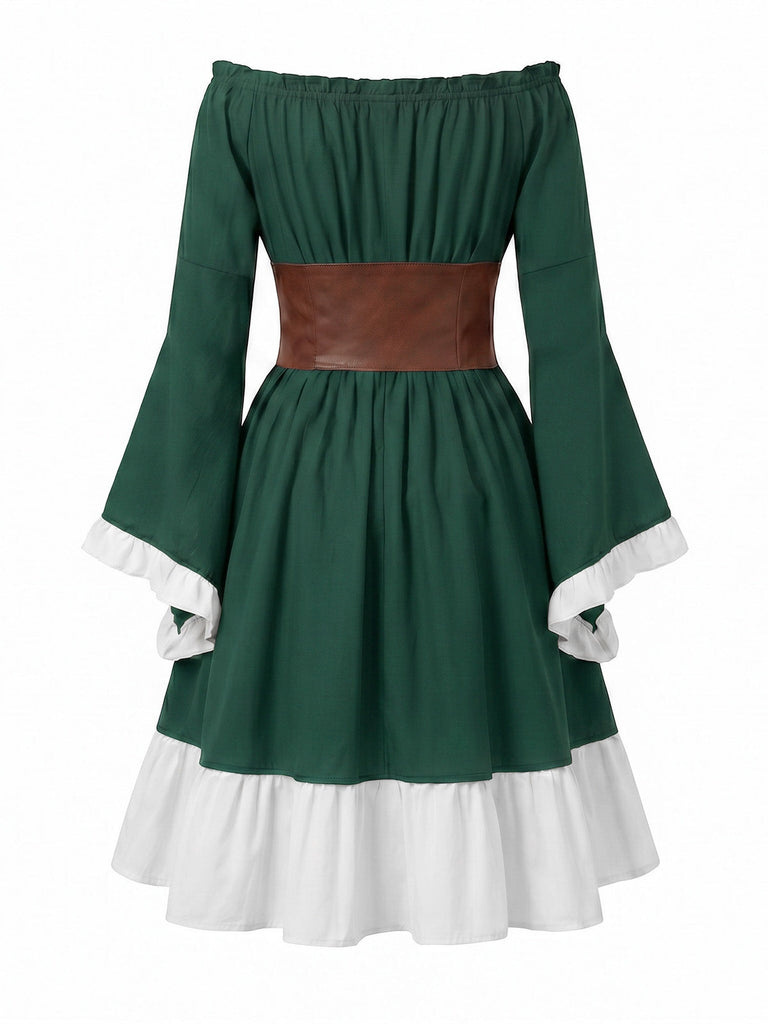 Robe Épaules Dénudées Manches Cloche avec Lacé Corset Belt Années 1970