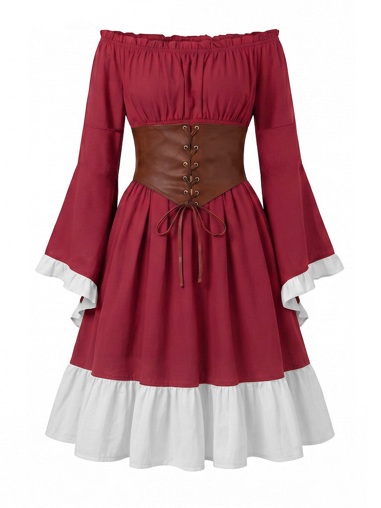 Robe Épaules Dénudées Manches Cloche avec Lacé Corset Belt Années 1970