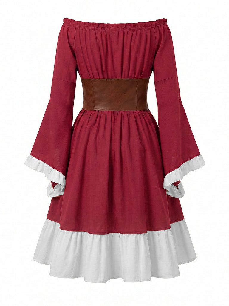 Robe Épaules Dénudées Manches Cloche avec Lacé Corset Belt Années 1970