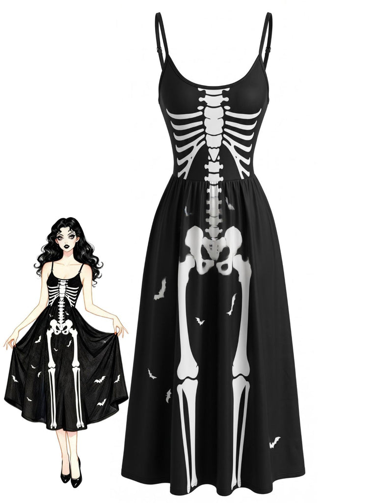 Robe noire d’Halloween à fines bretelles et motif squelette années 1930