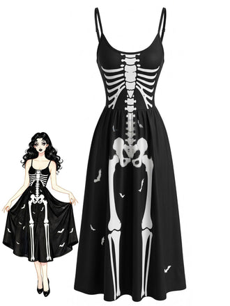 Robe noire d’Halloween à fines bretelles et motif squelette années 1930