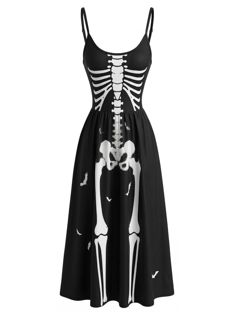 Robe noire d’Halloween à fines bretelles et motif squelette années 1930