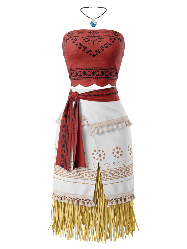 Ensemble costume tribal rouge foncé à franges inspiré de Moana années 1970