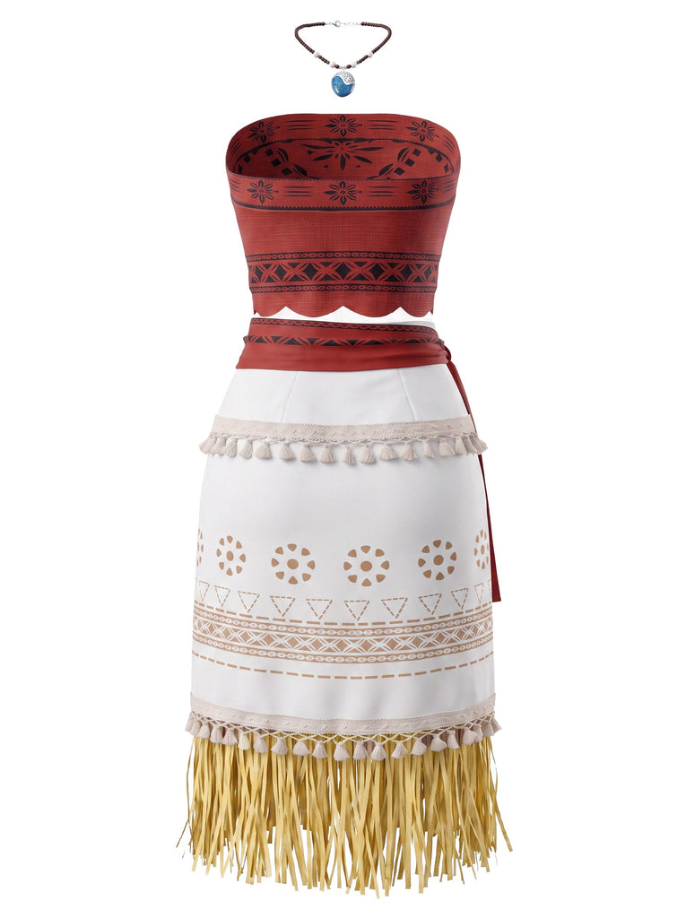 Ensemble costume tribal rouge foncé à franges inspiré de Moana années 1970