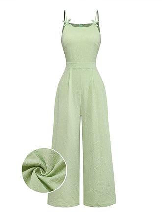 Combinaison vert à bretelles fines, nœud, jacquard et jambes larges Années 1950
