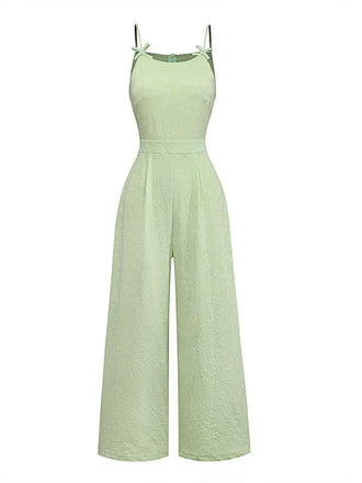 Combinaison vert à bretelles fines, nœud, jacquard et jambes larges Années 1950