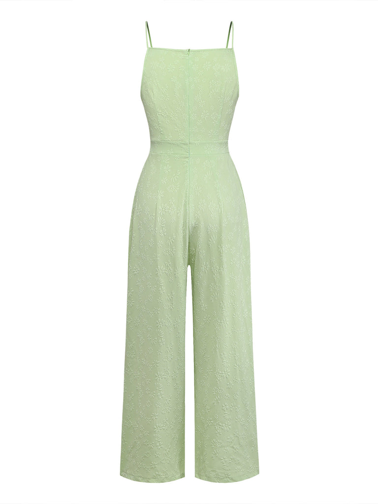 Combinaison vert à bretelles fines, nœud, jacquard et jambes larges Années 1950