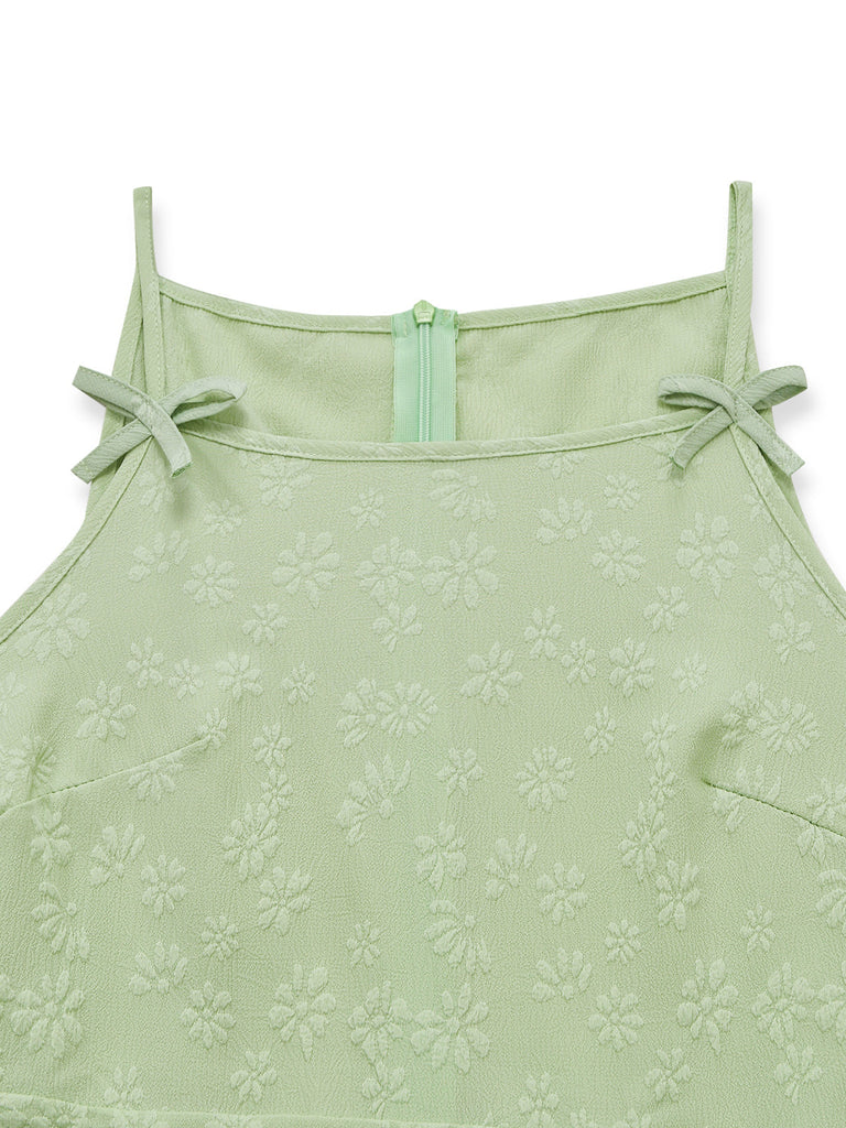 Combinaison vert à bretelles fines, nœud, jacquard et jambes larges Années 1950