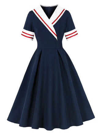 Robe Évasée à Col Marin Nautique Bleu Foncé Années 1950