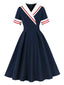Robe évasée bleu foncé marin col marin années 50