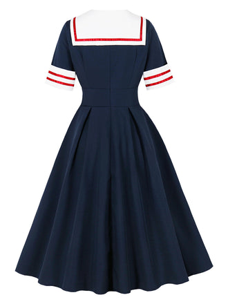 Robe Évasée à Col Marin Nautique Bleu Foncé Années 1950