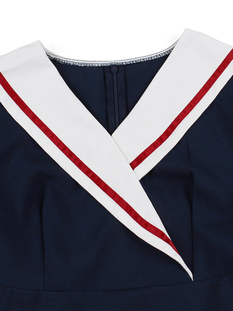 Robe Évasée à Col Marin Nautique Bleu Foncé Années 1950