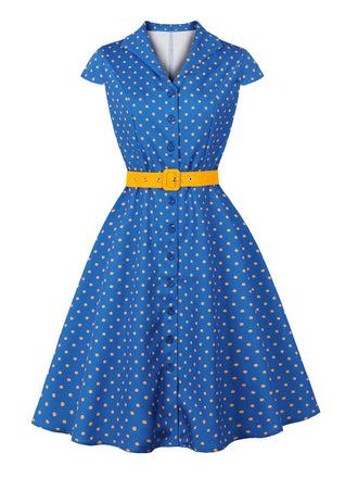 Robe à Pois Manches Courtes Revers Ceinturé Années 1950