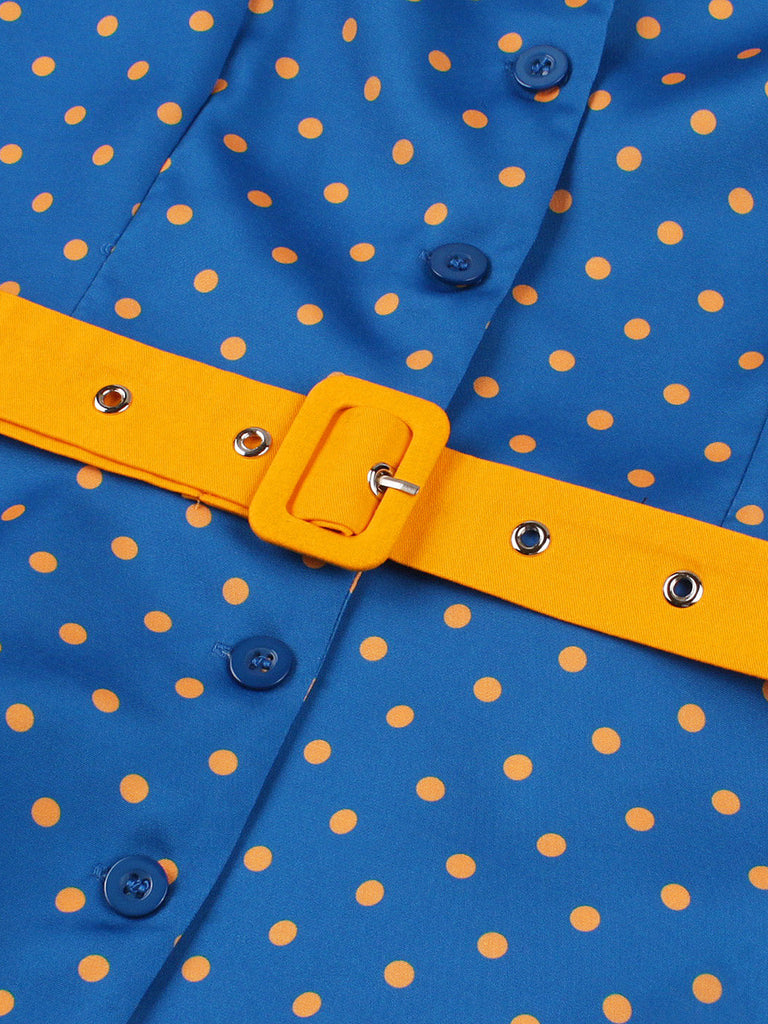 Robe à Pois Manches Courtes Revers Ceinturé Années 1950