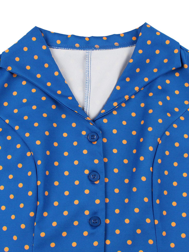 Robe à Pois Manches Courtes Revers Ceinturé Années 1950