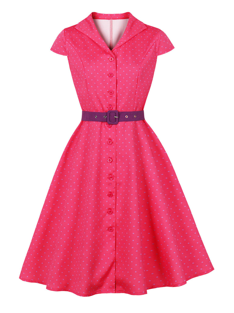 Robe à Pois Manches Courtes Revers Ceinturé Années 1950