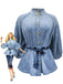 Blouse en Denim à Col Mandarin et Manches Bouffantes Bleu Années 1960