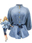 Blouse bleue jean col officier et manches bouffantes années 1960