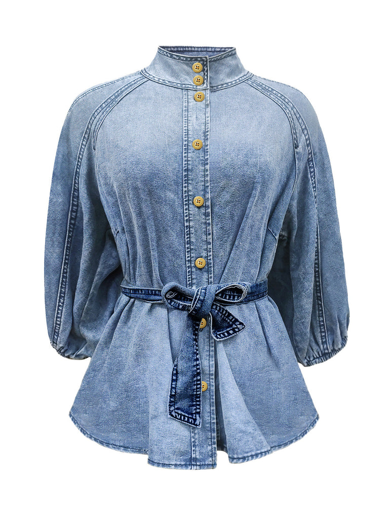 Blouse en Denim à Col Mandarin et Manches Bouffantes Bleu Années 1960