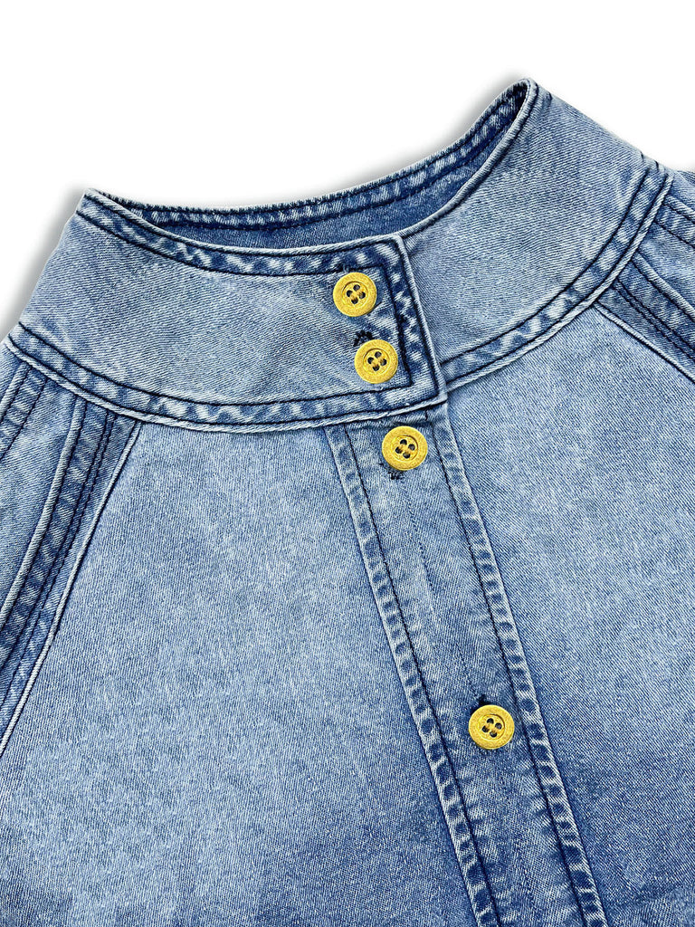 Blouse en Denim à Col Mandarin et Manches Bouffantes Bleu Années 1960