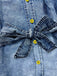 Blouse en Denim à Col Mandarin et Manches Bouffantes Bleu Années 1960