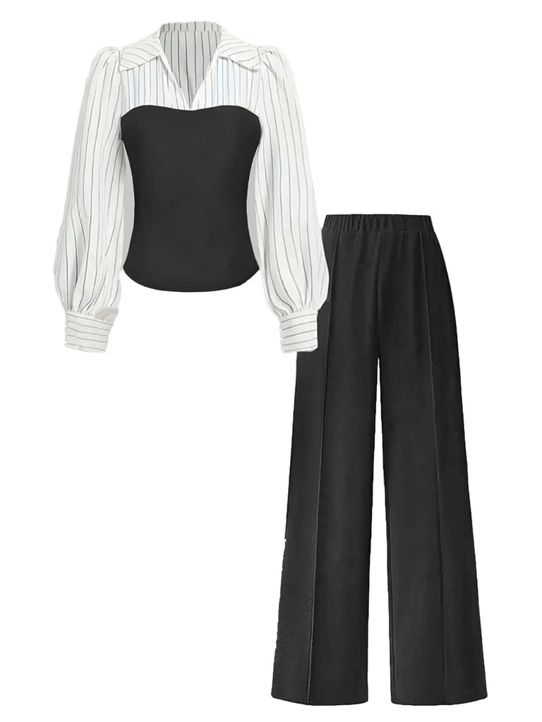 Ensemble deux pièces à rayures contrastées, haut manches longues et pantalon années 1960 - 1