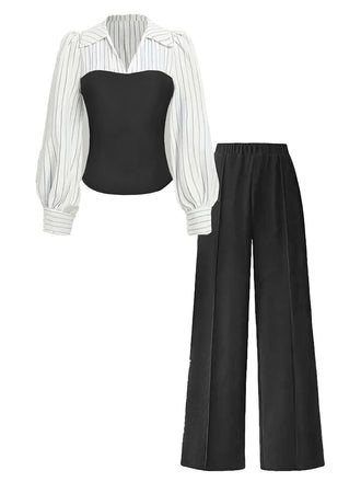Ensemble deux pièces à rayures contrastées, haut manches longues et pantalon années 1960 - 1