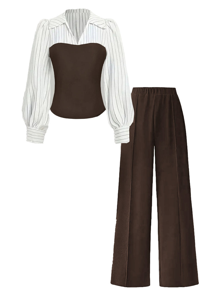 Ensemble deux pièces à rayures contrastées, haut manches longues et pantalon années 1960 - 4