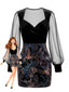 Robe noire ajustée velours résille transparente et empiècements motif cachemire années 1960