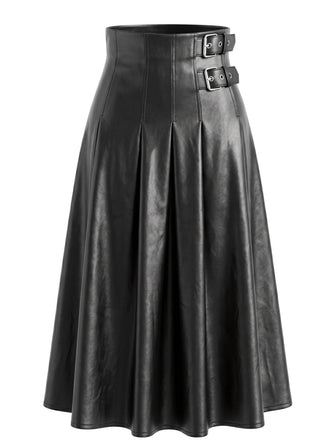 Jupe noire évasée en similicuir PU à taille haute années 1970