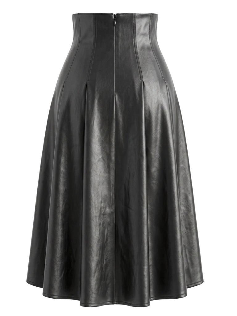 Jupe noire évasée en similicuir PU à taille haute années 1970