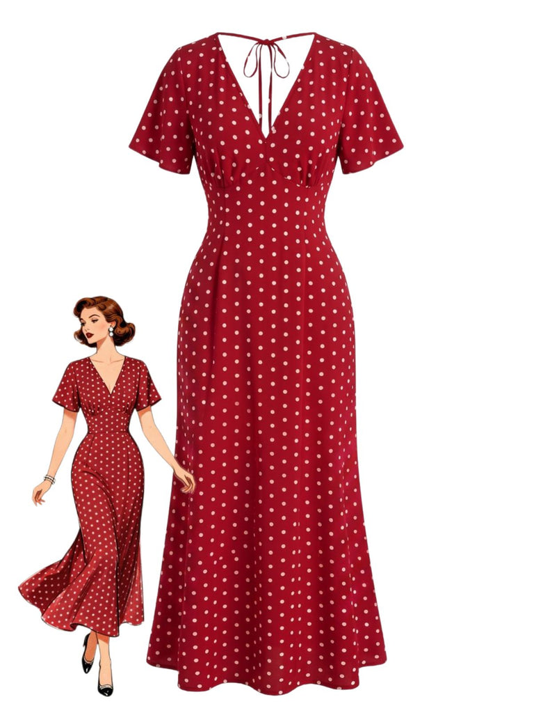 Robe Longue Sirène à Pois Col V Manches Papillon Années 1930