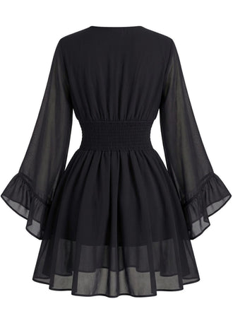 Robe Noir Mousseline Col V Smocké Waist Mini Années 1930