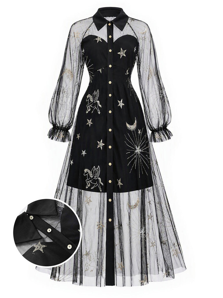 [Prévente] Robe Noir Doré Revers Celestial Imprimé Filet Années 1980