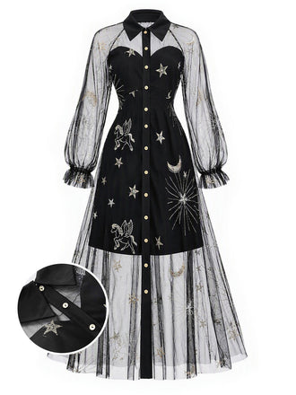 [Prévente] Robe Noir Doré Revers Celestial Imprimé Filet Années 1980