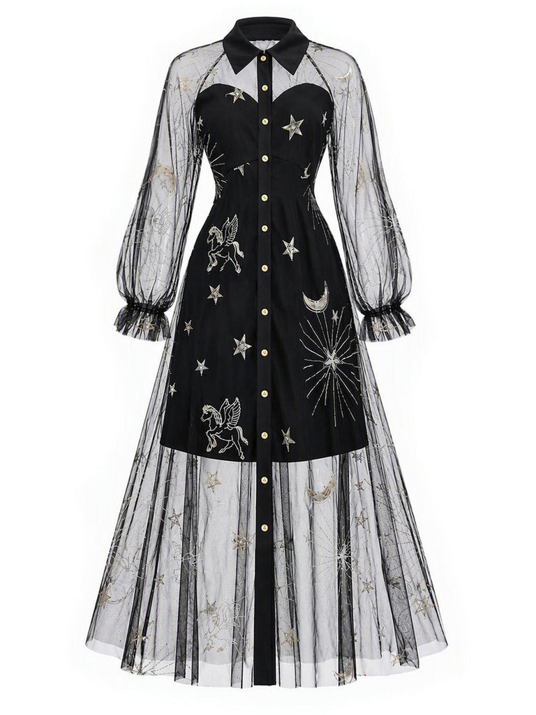 [Prévente] Robe Noir Doré Revers Celestial Imprimé Filet Années 1980