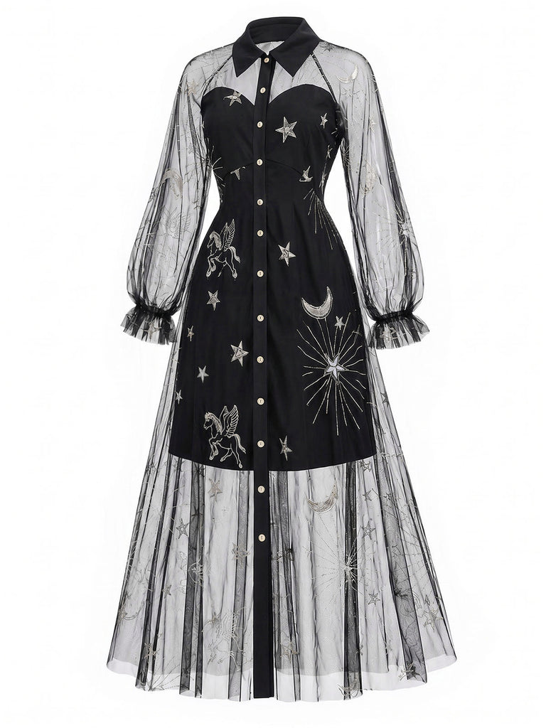 [Prévente] Robe Noir Doré Revers Celestial Imprimé Filet Années 1980