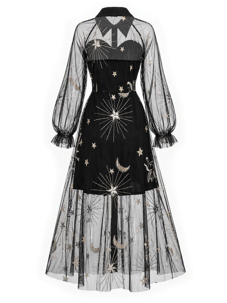 [Prévente] Robe Noir Doré Revers Celestial Imprimé Filet Années 1980