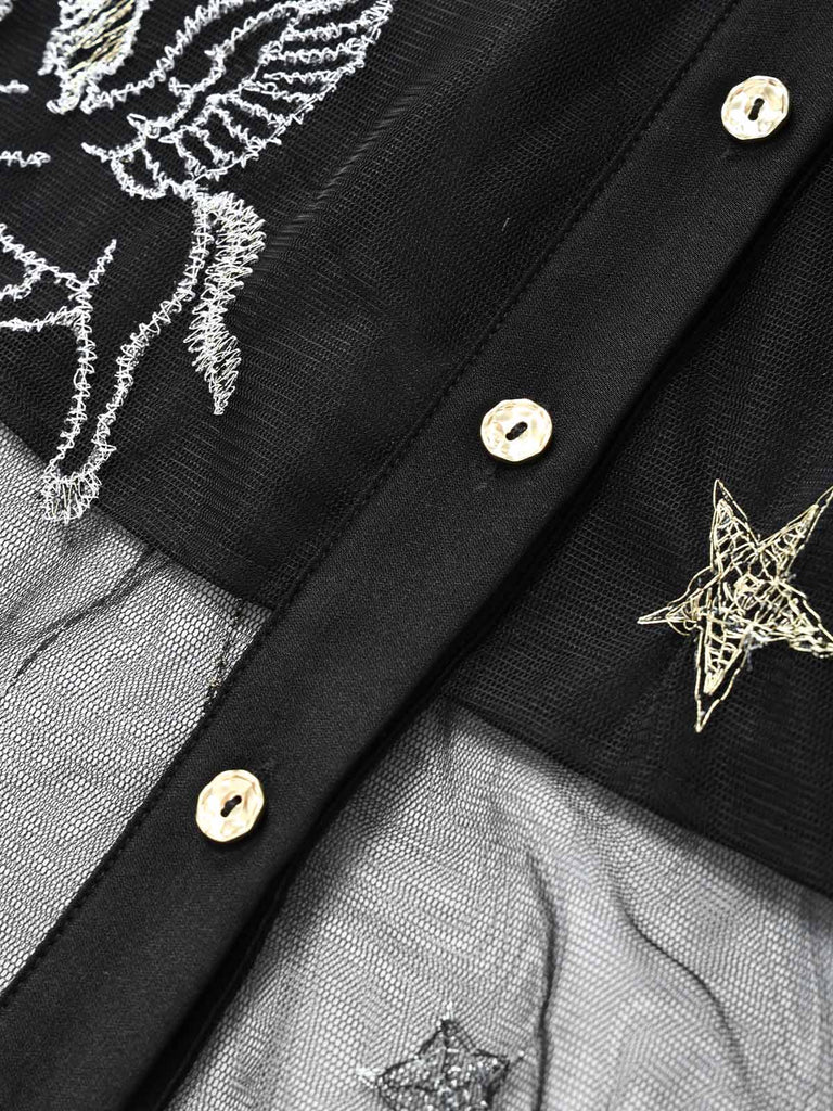 [Prévente] Robe Noir Doré Revers Celestial Imprimé Filet Années 1980