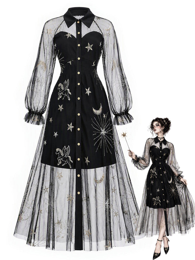 [Prévente] Robe Noir Doré Revers Celestial Imprimé Filet Années 1980