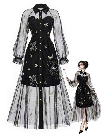 [Prévente] Robe Noir Doré Revers Celestial Imprimé Filet Années 1980